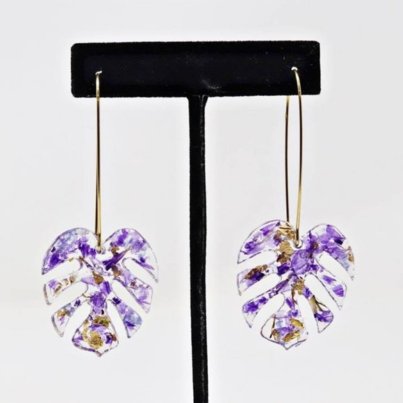 Purple & Gold Monstera Resin Hoops | Handmade - Picture 2 of 4